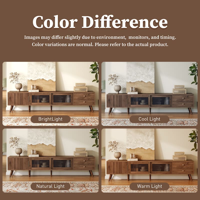 Roomfitters 76 Inch Modern Glass Door TV Stand for 85 Inch TV, Wood Grain Entertainment Center with Storage Cabinets, Walnut