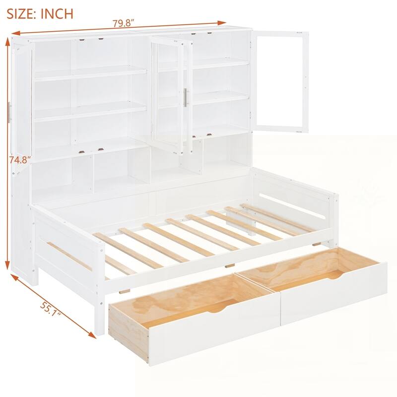 Wooden Daybed with Glass-Door Storage Cabinets and Built-in LED Lighting
