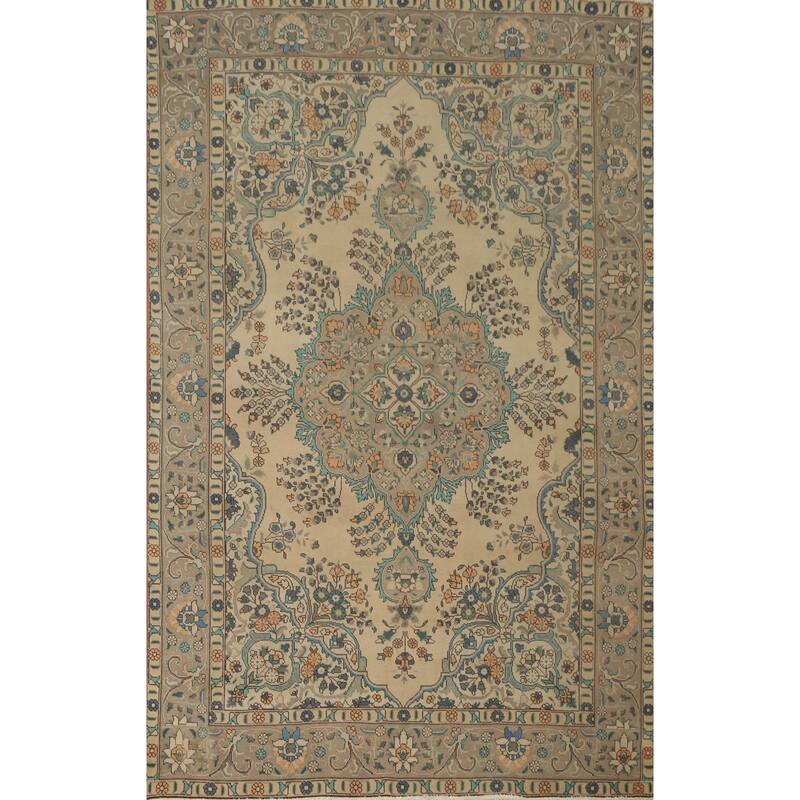 Hand Knotted Oriental 100% Wool Carpet Traditional Floral Beige & Ivories Tabriz Area Rug - 9' 3'' X 6' 2''