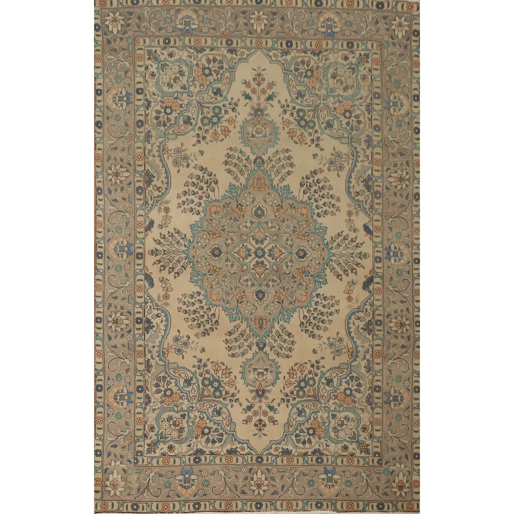 Hand Knotted Oriental 100% Wool Carpet Traditional Floral Beige & Ivories Tabriz Area Rug - 9' 3'' X 6' 2''