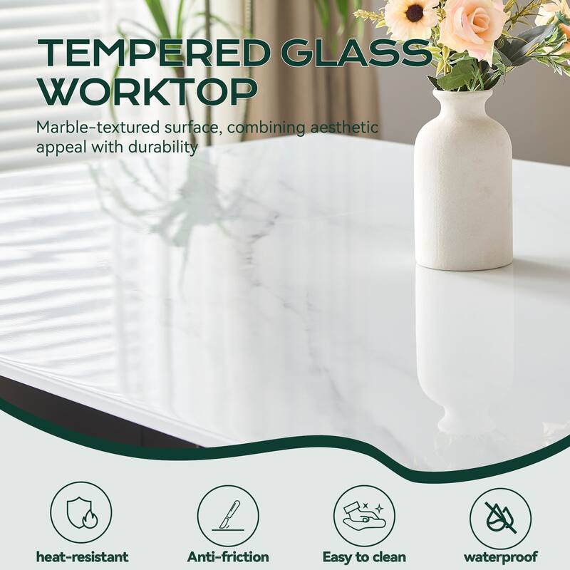 69 Inch Rectangular Dining Table with Marble Texture Glass Top for 4-6 People