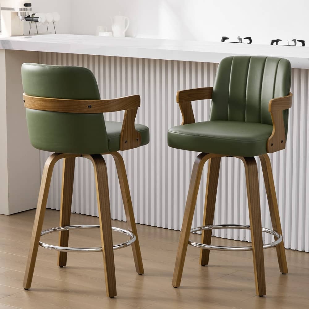 Upholstered Wood Swivel Counter Height Barstool with Arms