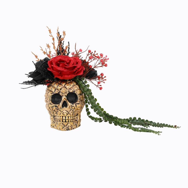 Halloween Floral Arrangement W Rose String Of Peas In Ceramic Skull