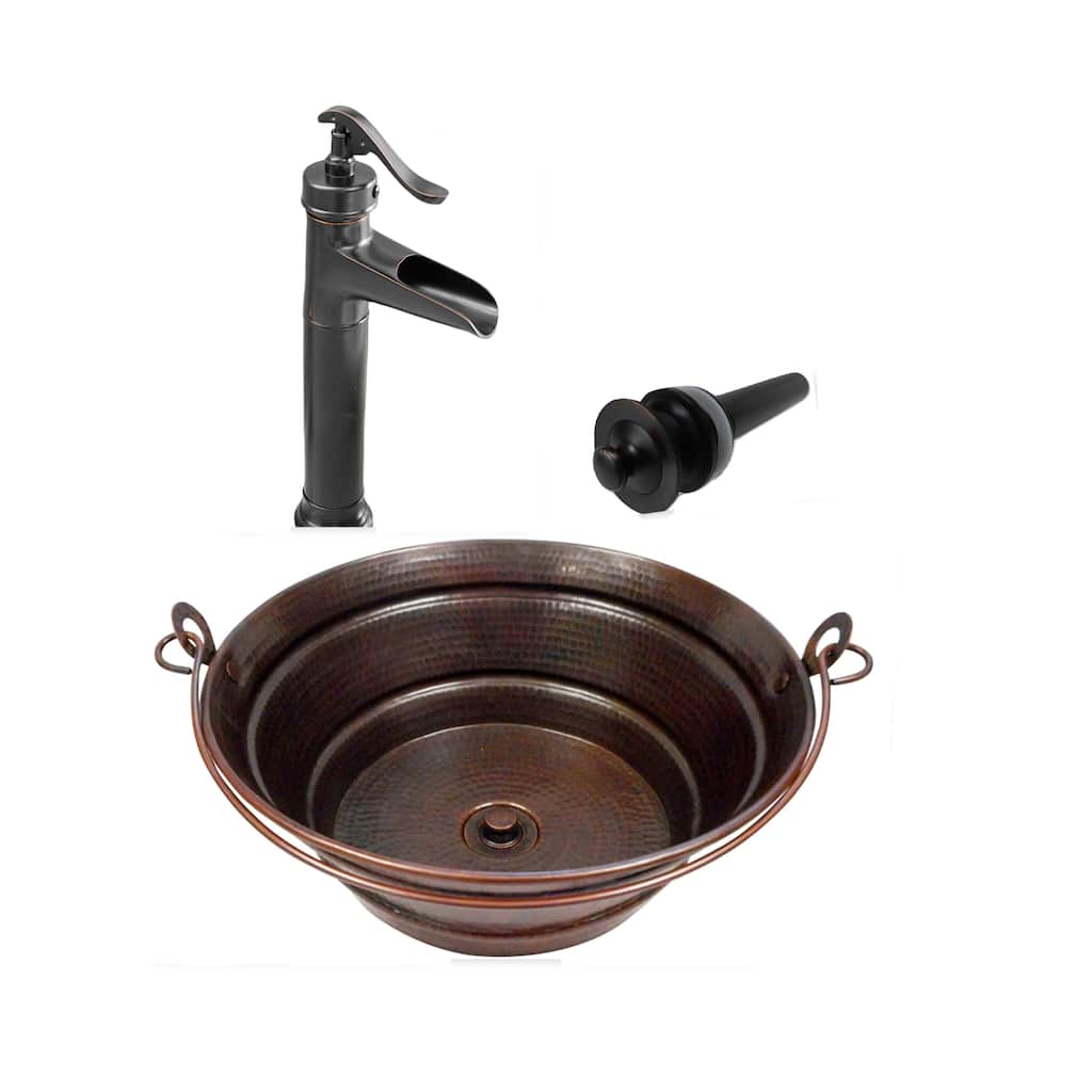 13" Rustic Round Copper Vessel Bucket Bathroom Sink with 13" Faucet & LT Drain - 13" x 13" x 5.5"