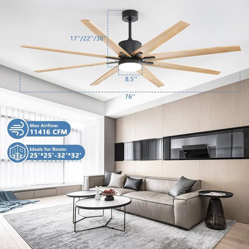 76-Inch Black Indoor Ceiling Fan with LED Light & Smart Remote - 76