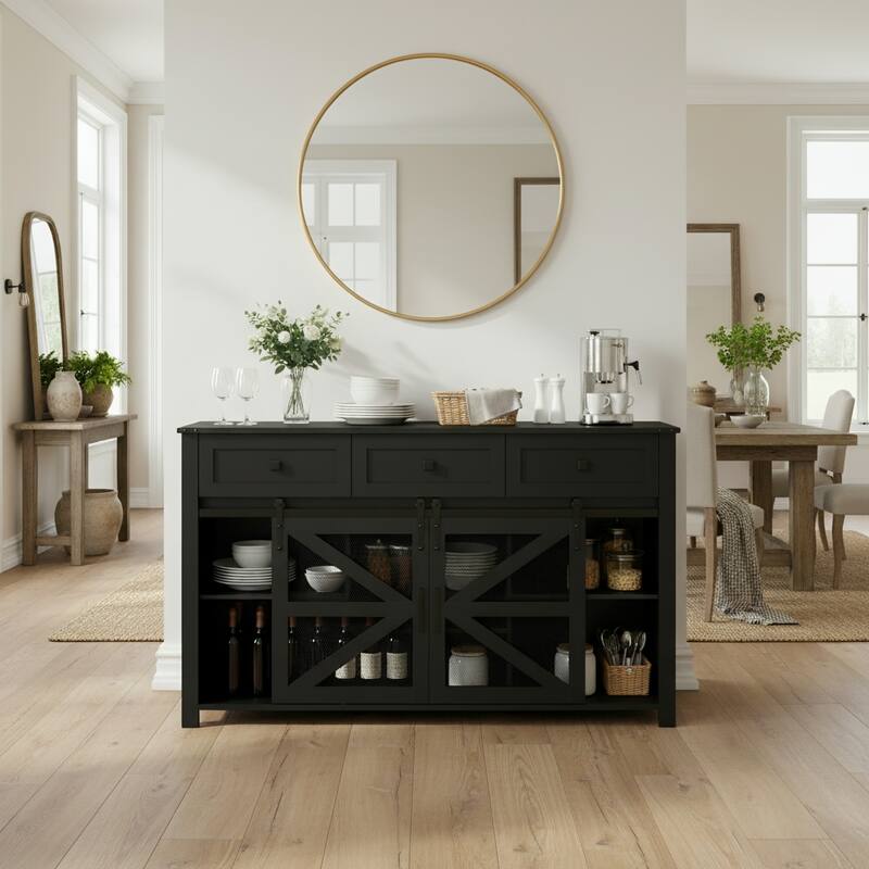 55'' Sliding Barn Door Sideboard Buffet Cabinet with 3 Drawers