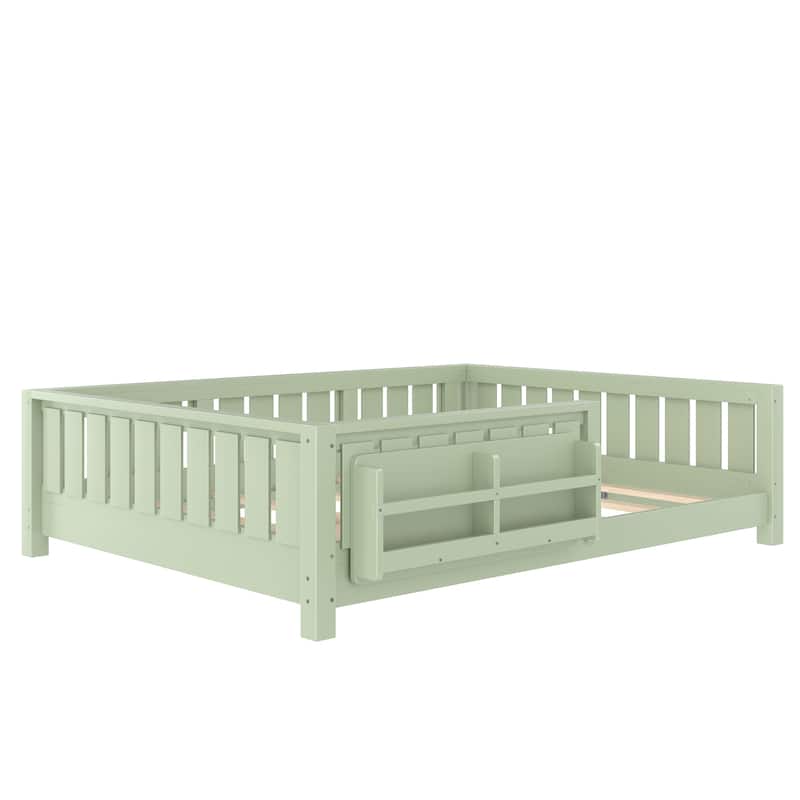 Low Profile Montessori Bed Floor Platform Bed with Fence and Bookshelf