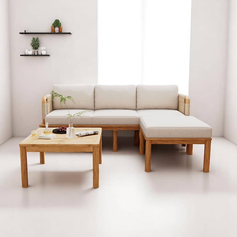 3-Piece Acacia Wood Outdoor Patio Furniture Set, Water-Repellent Cushions, Sofa, Ottoman & Table for Garden, Balcony, or Porch - Teak+ Beige