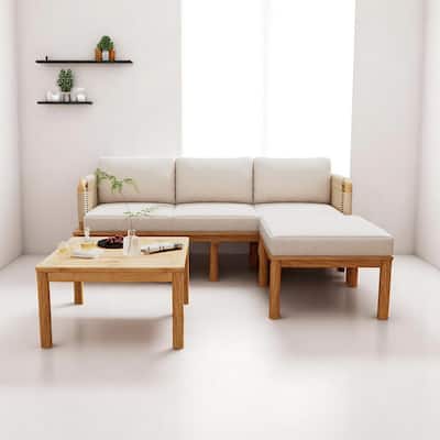 3-Piece Acacia Wood Outdoor Patio Furniture Set, Water-Repellent Cushions, Sofa, Ottoman & Table for Garden, Balcony, or Porch