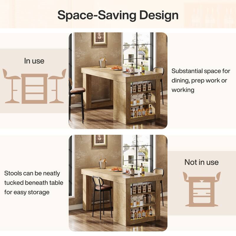 Large Farmhouse Bar Table, 55" Wood Counter Height Table with Storage