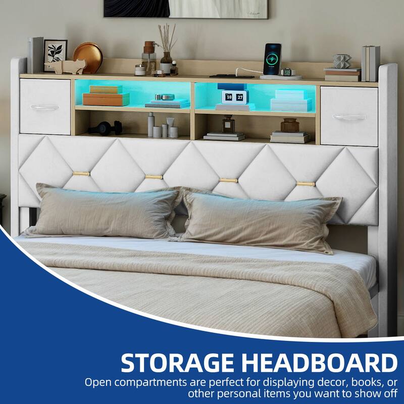 Moasis Upholstered Bed Frame with Storage Headboard And Charging Station and LED Light