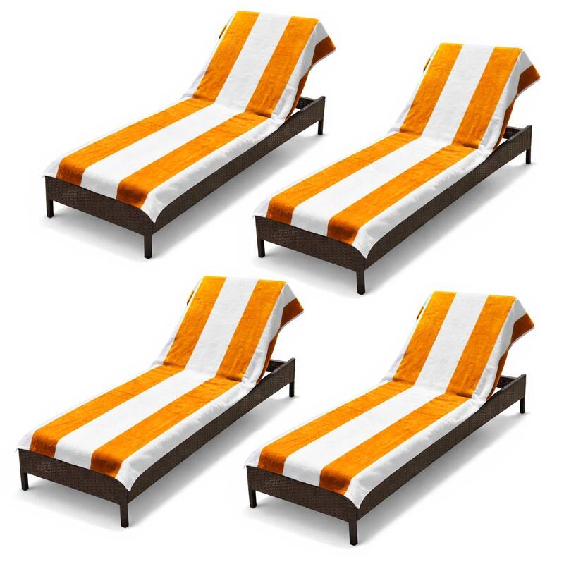100% Cotton Cabana‑Stripe Lounge Chair Cover Terry Towel with Fitted Pocket & Back Flap Set of 4