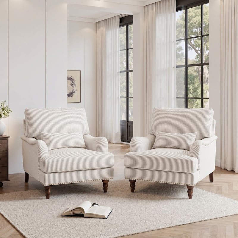 Set of 2 Mid Century Chenille Upholstered Accent Chairs - Chenille - Pinstripe Coffee