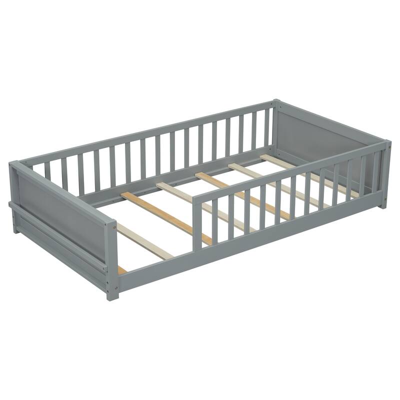 GDFStudio - Kensington Twin Floor Platform Bed with Built-in Book Storage Rack and Guardrails