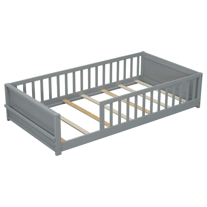 Grey Twin Size Pine Wood Floor Platform Bed with Built-in Book Storage Rack and Fence