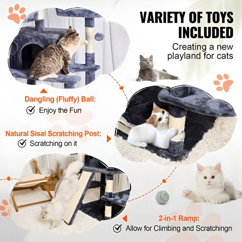 Dark Grey Plush Multi-Level Cat Tree with Condos, Hammocks and Toys
