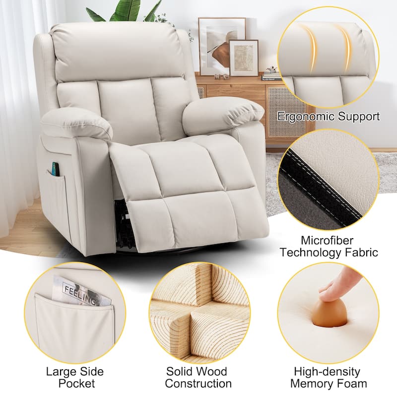 Heated Massage Recliner Chair with 360° Swivel, Rocking Feature, and Side Pocket for Living Room