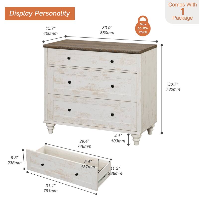 WAMPAT 3 Drawer Dresser ,Wood Storage Dresser for Bedroom