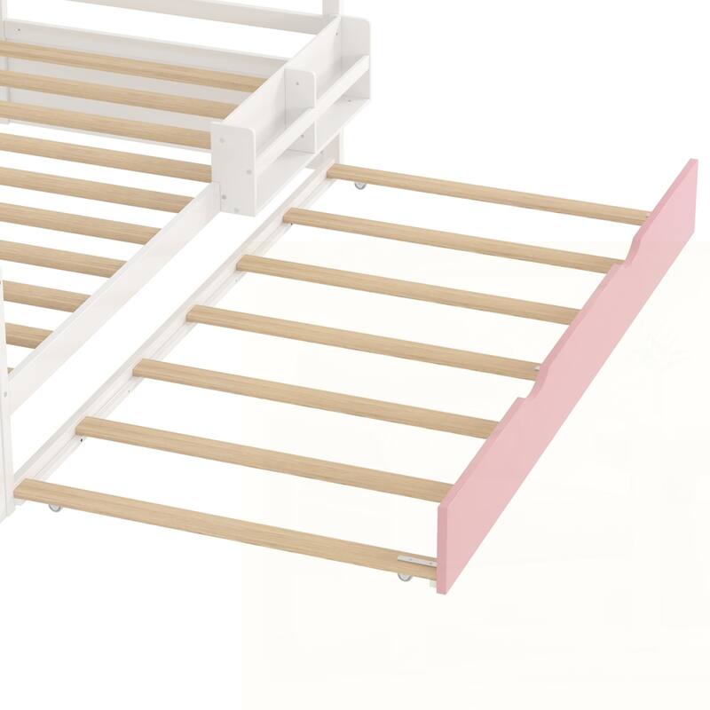 Wood Platform Bed with Sample Bookshelf and Movable Wardrobe