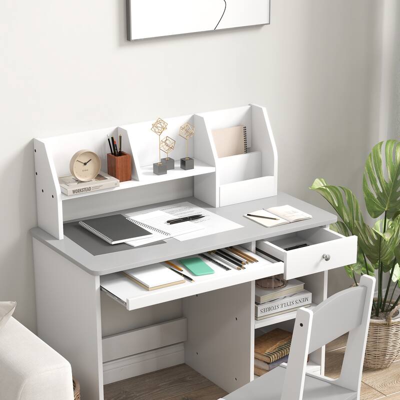 Qaba Kids Desk and Chair Set with Storage, Study Desk with Chair for Children 5-8 Years Old, White