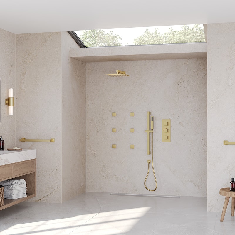 GRANDJOY Thermostatic Shower Faucet Set 12" Wall Mount Rainfall Shower Head Handheld Spray with Slide Bar Body Jets