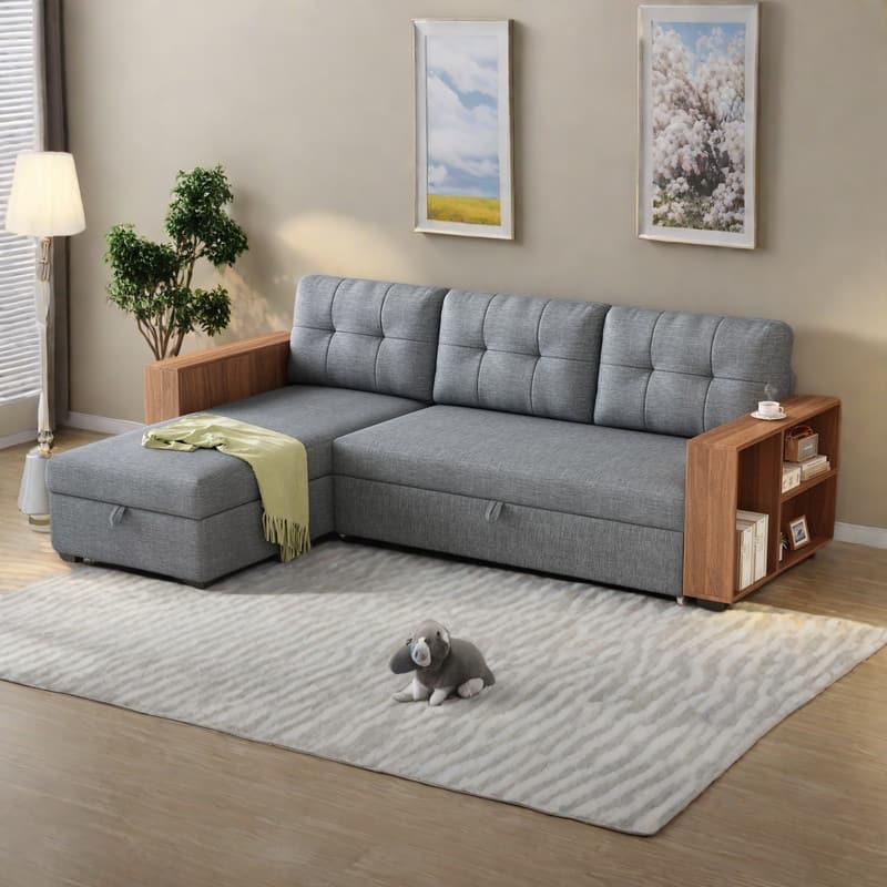 84" Linen Upholstered Sectional Sofa with Wooden Handrails, Pull-Out Bed and Storage Chaise