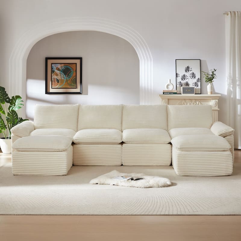 141.74" Modern Comfy Sectional Corduroy Sofa with Two Ottomans