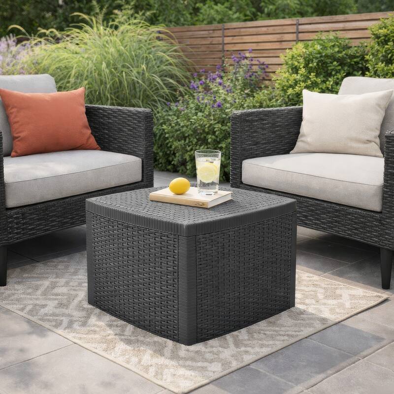 Outdoor Side End Table, 21 Inch Square Rattan Design, Anthracite Gray