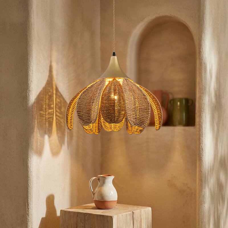 Kamala 1-Light Rattan Hemp Floral Pendant, Modern Coastal Boho - Handwoven - 20" Wide - Beige