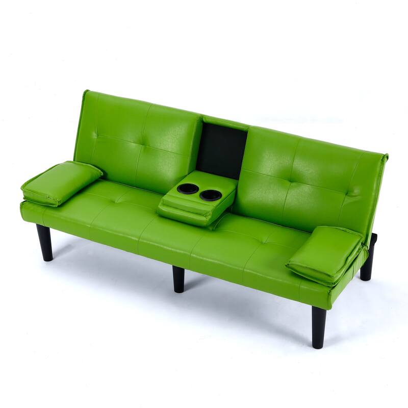 The 67-inch black PVC multi-functional sofa bed with a foldable and cup holder design