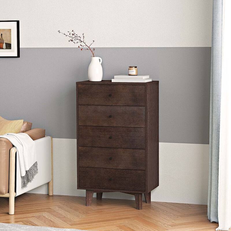 Modern Auburn Solid Wood Dresser Chest of Drawers with Retro Round Handle