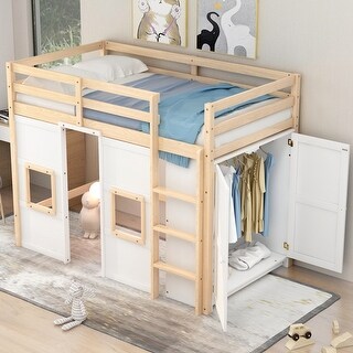 Wood Twin Size Loft Bed with Built-In Storage Wardrobe and 2 Windows