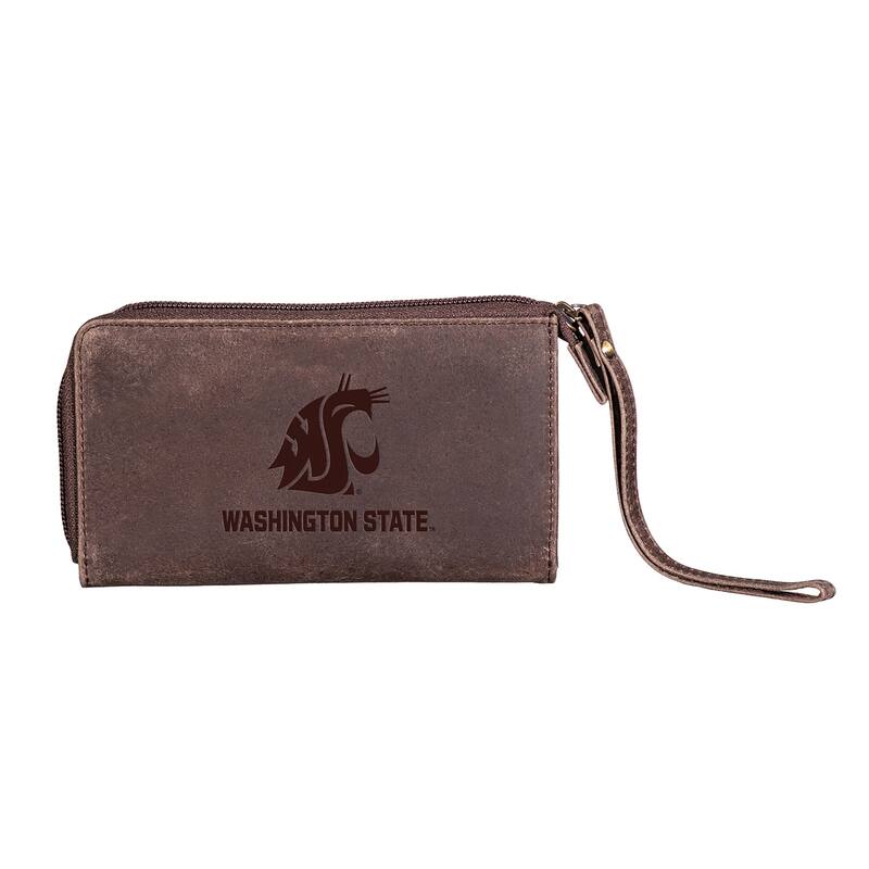 Brown Leather Cell Phone Wristlet Wallet, Washington State University - 4" x 7"