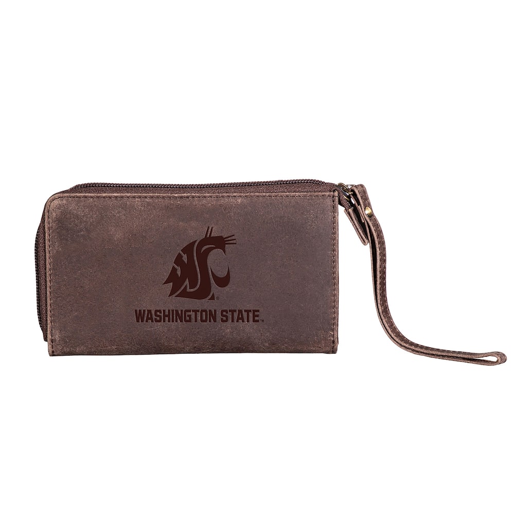 Brown Leather Cell Phone Wristlet Wallet, Washington State University - 4" x 7"