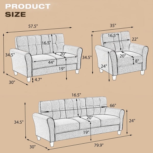 3-Piece Sofa Sets Linen Upholstered Couch, 1+2+3 Seater Sofa - Bed Bath & Beyond
