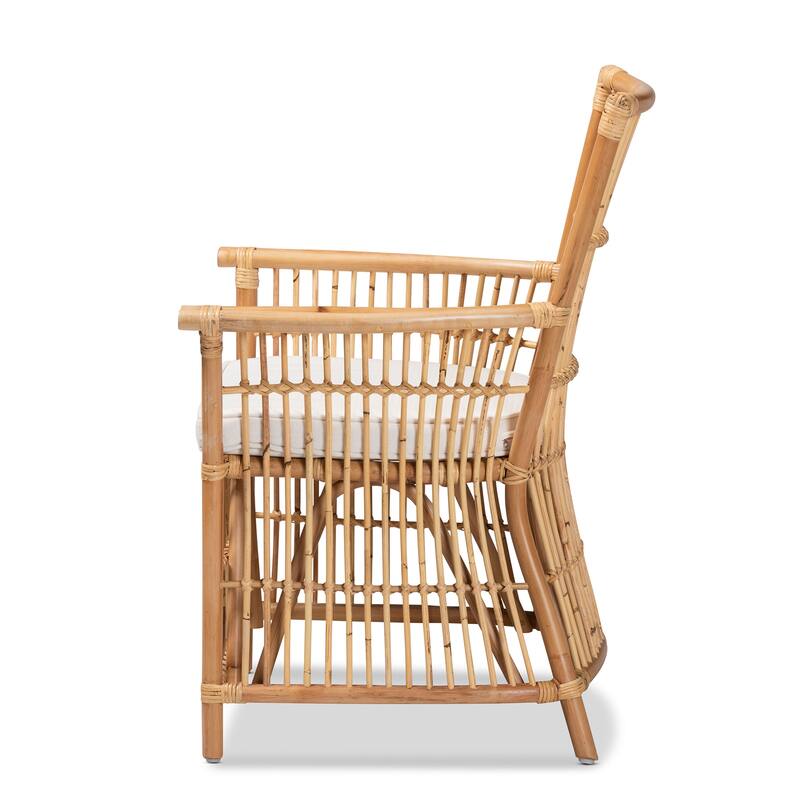 Rose Bohemian styled Upholstered Rattan Armchair-White/Natural Brown