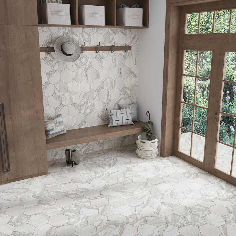 Apollo tile 10 x 10 Serena Honed White Gray Calacatta Gold Honed Marble Tile (2.95 sq ft/case) - 5 Pack