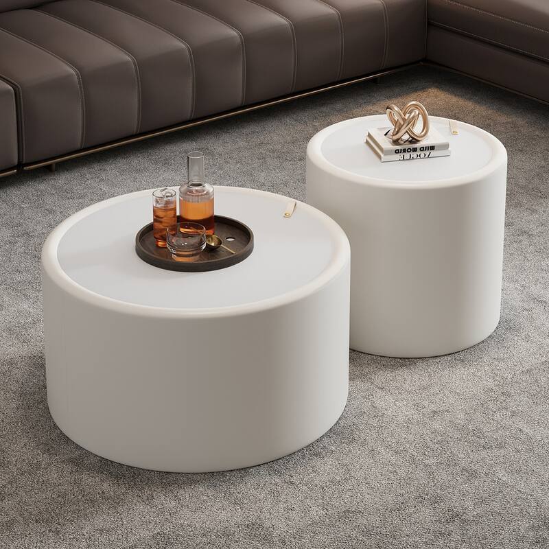 White Round Coffee Table with Tempered Glass Top and Hidden Storage