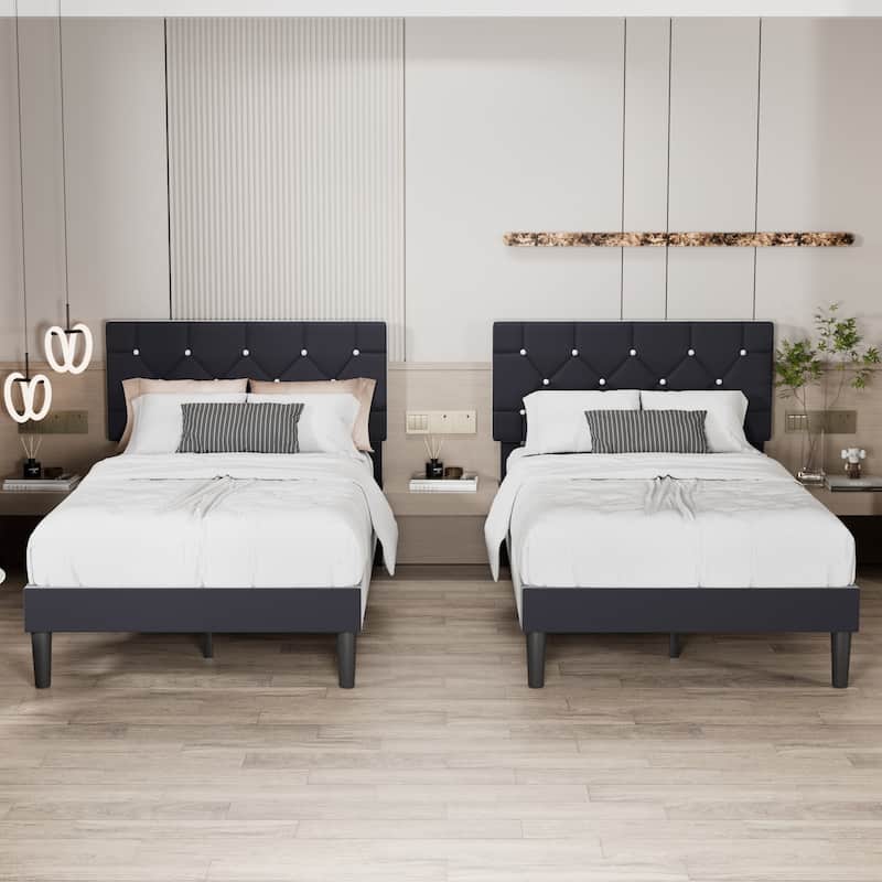 VECELO Upholstered Kids Bed Frame with Diamond Tufted Headoard,Twin Size Bed Set of 2 - Black