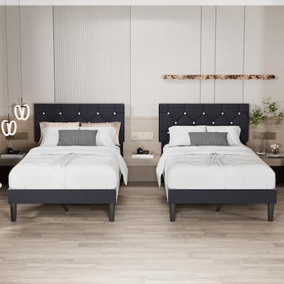 VECELO Upholstered Kids Bed Frame with Diamond Tufted Headoard,Twin Size Bed Set of 2