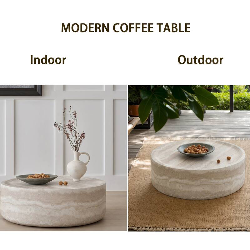 39.37''Modern Round Tea Faux Travertine Textured Table No Need Assembly