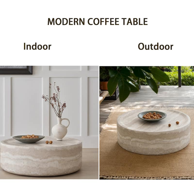 Modern Textured Faux Travertine Round Coffee Table No Need Assembly.