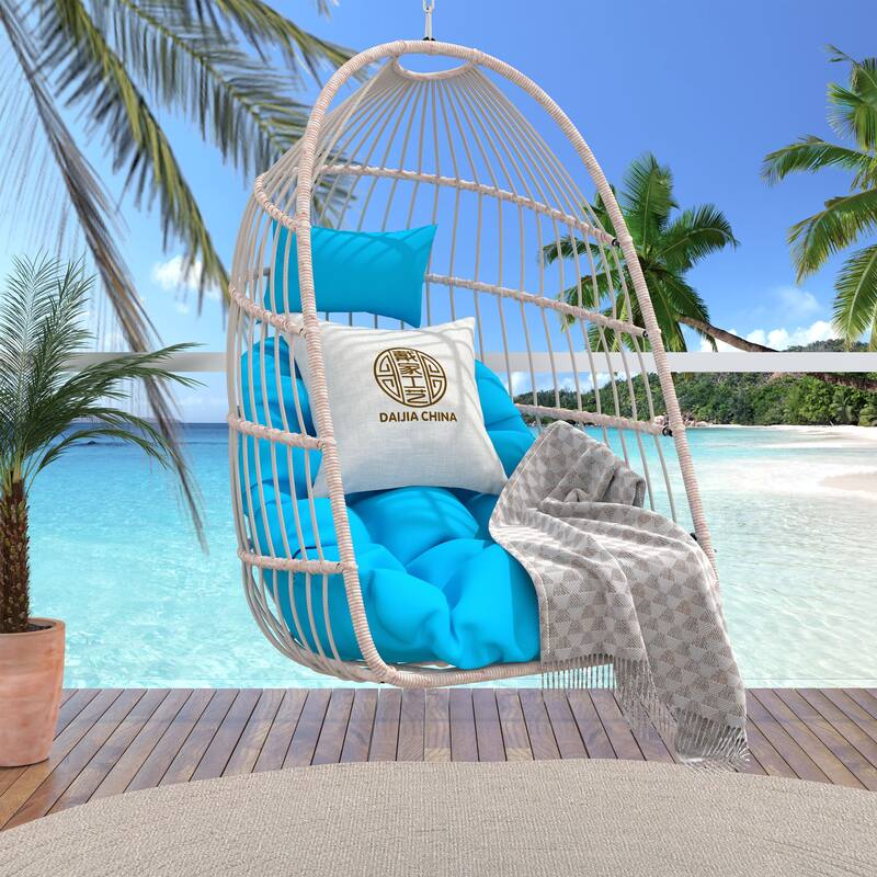 Hanging Chair PE Hanging Chair with Stainless Steel Suspension kit, Outdoor Garden Rattan Egg Swing Chair with Cushion - Blue