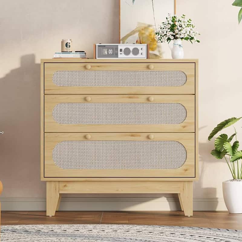 Modern Rattan 3 Drawer Dresser for Bedroom - Natural