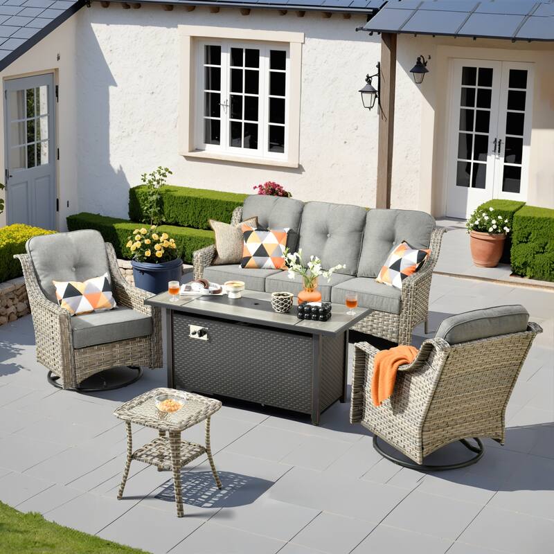 HOOOWOOO 5-piece Rattan Outdoor Patio High Back Swivel Chair Set with 54"Fire Pit - Dark Grey