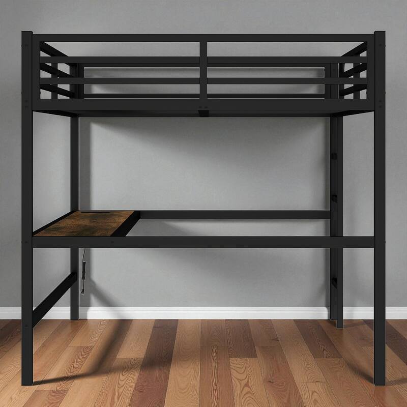 Metal Queen Size Loft Bed with Desk, Power Outlet & LED Lights, Space-Saving Noise-Free Frame with Guardrails