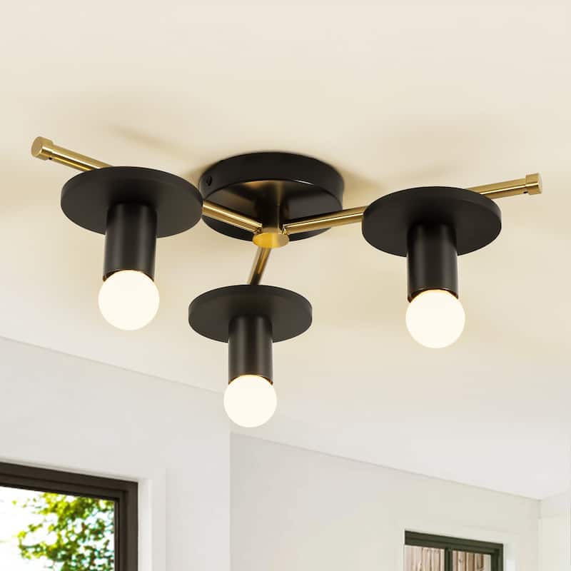 17.5" W 3-Light Modern Green/Black Sputnik Metal Wooden Semi-flush Mount Ceiling Light for Living Room, Bedroom