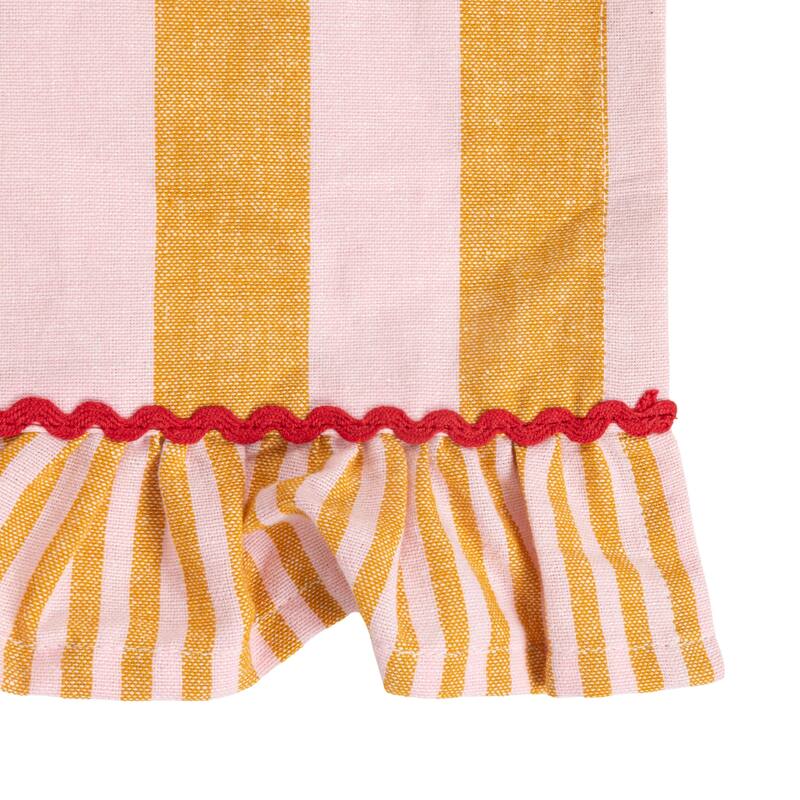 Woven Cotton Striped Table Runner with Ruffle & Ric Rac Trim - 72.0"L x 14.0"W x 0.25"H