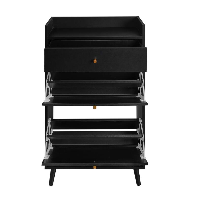 Entryway Shoe Storage Cabinet, Freestanding Rattan Shoe Rack, Shoe Organizer with 2 Flip Drawers & 1 Pull-Out drawer