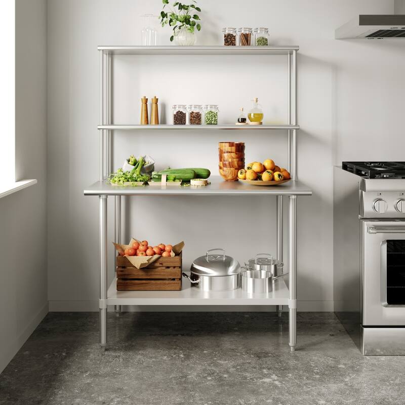 Commercial Stainless Steel Worktable with 2 Overshelves and 1 Undershef